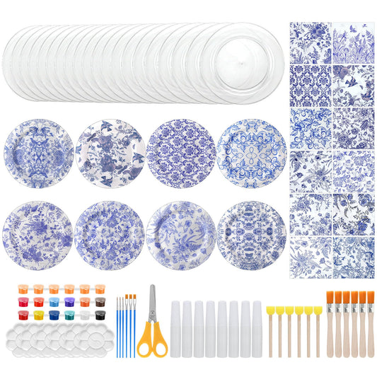 Jinei 20 Set Making Your Own Hostess Plates Painting Kit Decoupage Plastic Plate Blue Floral Decoupage Napkins Glues Brushes for Gatherings Crafts DIY Blue and White Floral Dinner Table Decor