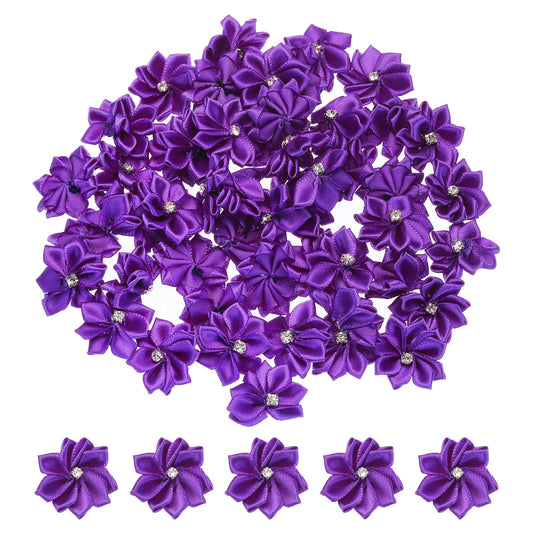 PATIKIL 1.2 Inch Small Ribbon Flowers, 50 Pcs Satin Ribbon Flowers Mini Fabric Flowers for Crafts DIY Wedding Ornament Appliques, Dark Purple