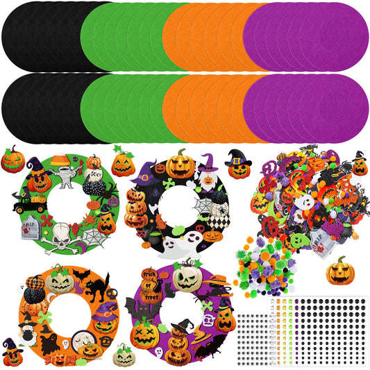 Moucuny 470 Pcs Halloween Craft Kits DIY Wreath Craft Kit Halloween Wreath Decorations with Ghost Witch Bats Pumpkin Cat Stickers Home Indoor Party Favors