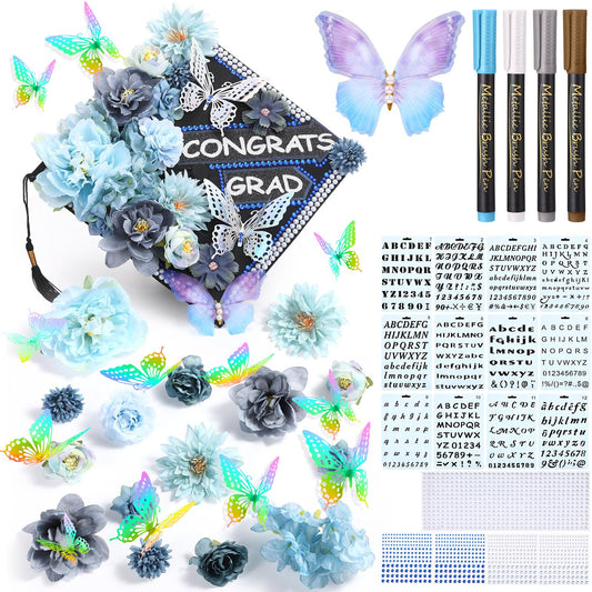 Lyrow 51 Pcs DIY Graduation Cap Decorations Kits Included Grad Cap Pens Faux Flowers Letter Number Stencils Rhinestones Stickers 3D Butterflies for Grad Hat Topper Decors Craft Art DIY(Dark Blue)