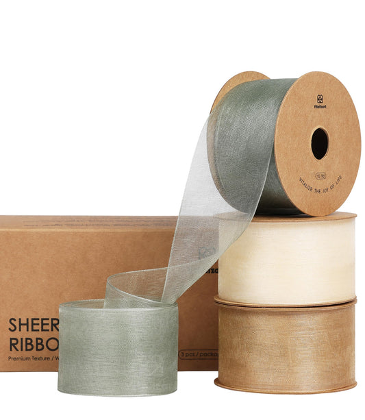 Vitalizart Organza Ribbon 1.5" x 30 Yd Cream White Rose Gold & Dusty Green Sheer Ribbons for Gift Wrapping Crafts Christmas Party Decor Bows Wedding Invitations Wreaths Bouquet