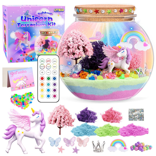 Unicorn Light-Up Terrarium Kit for Kids - Multicolor LED Night Light Birthday Gifts - Unicorn Toys for Girls Ages 4-6 7 8 9 10 Year Old - Kids Arts and Crafts Kit, Easter Ideal Gifts