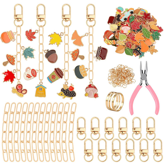 AUGSUN 189Pcs Fall Keychain Making Kit, Autumn Charm Jewelry Chain Making Crafts, 60 Thanksgiving Charms 12 Keychain Clips Hooks 15 Extender Chains 100 Jump Ring and Jewelry Plier for Holiday Gifts