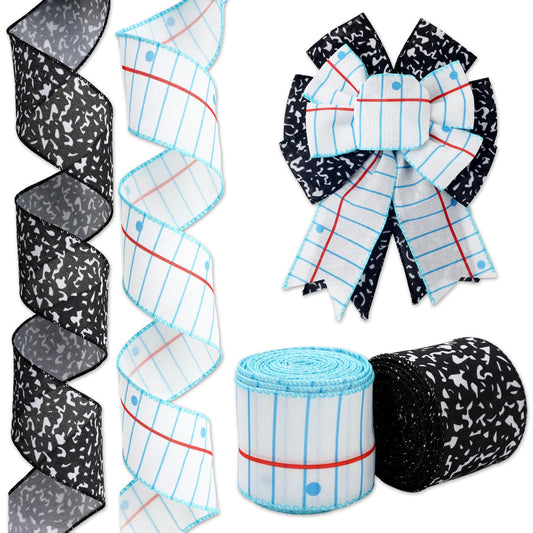 Whaline Back to School Wired Edge Ribbon 2.5 Inch Notebook Composition Fabric Wrapping Ribbon for First Day of School Classroom Party DIY Crafts Wreath Bow Making, 2 Rolls, 20 Yard