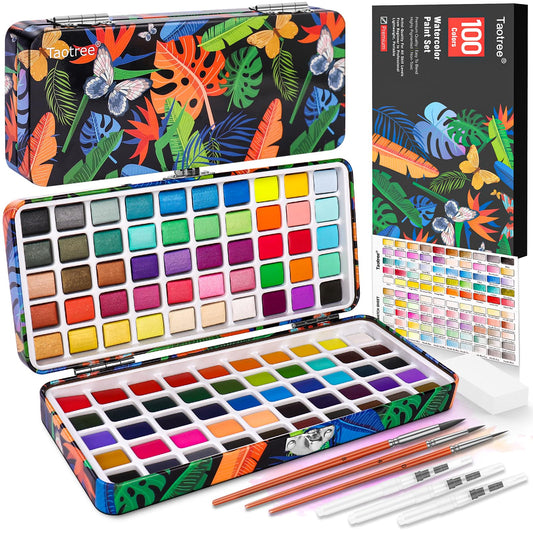 Taotree Watercolor Paint Set 100 Colors, Art Supplies Watercolors Kit Travel Water Colors with 3 Paints Brushes, Crafts Painting Supplies, Drawing for Adults Artist Drawing, Painting