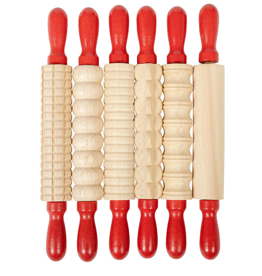 READY 2 LEARN Mini Textured Wooden Rolling Pins | Set of 6 | 7.25 inches | Turning Handles | Rollers for Kids' Dough, Crafts, Imaginative Play