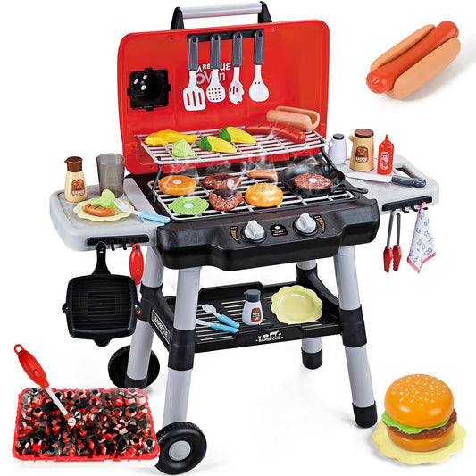 Kids Play Kitchen Toys, Kids BBQ Grill Playset with Smoke Sound Light, 2-Layer Barbecue Toy with Wheel, Outdoor Play Grill Toys for Toddlers 3-5, Play Food Toys Cooking Set, Birthday Gift for Boy Girl