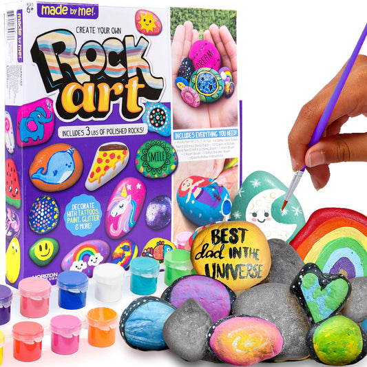 Made By Me Rock Art Kit, Rock Painting Arts and Crafts Kit, Includes 3 Pounds of Rocks and 12 Paints, Great Summer Activity or Birthday Party Fun, Perfect Outside Craft Idea for Kids Ages 6, 7, 8, 9