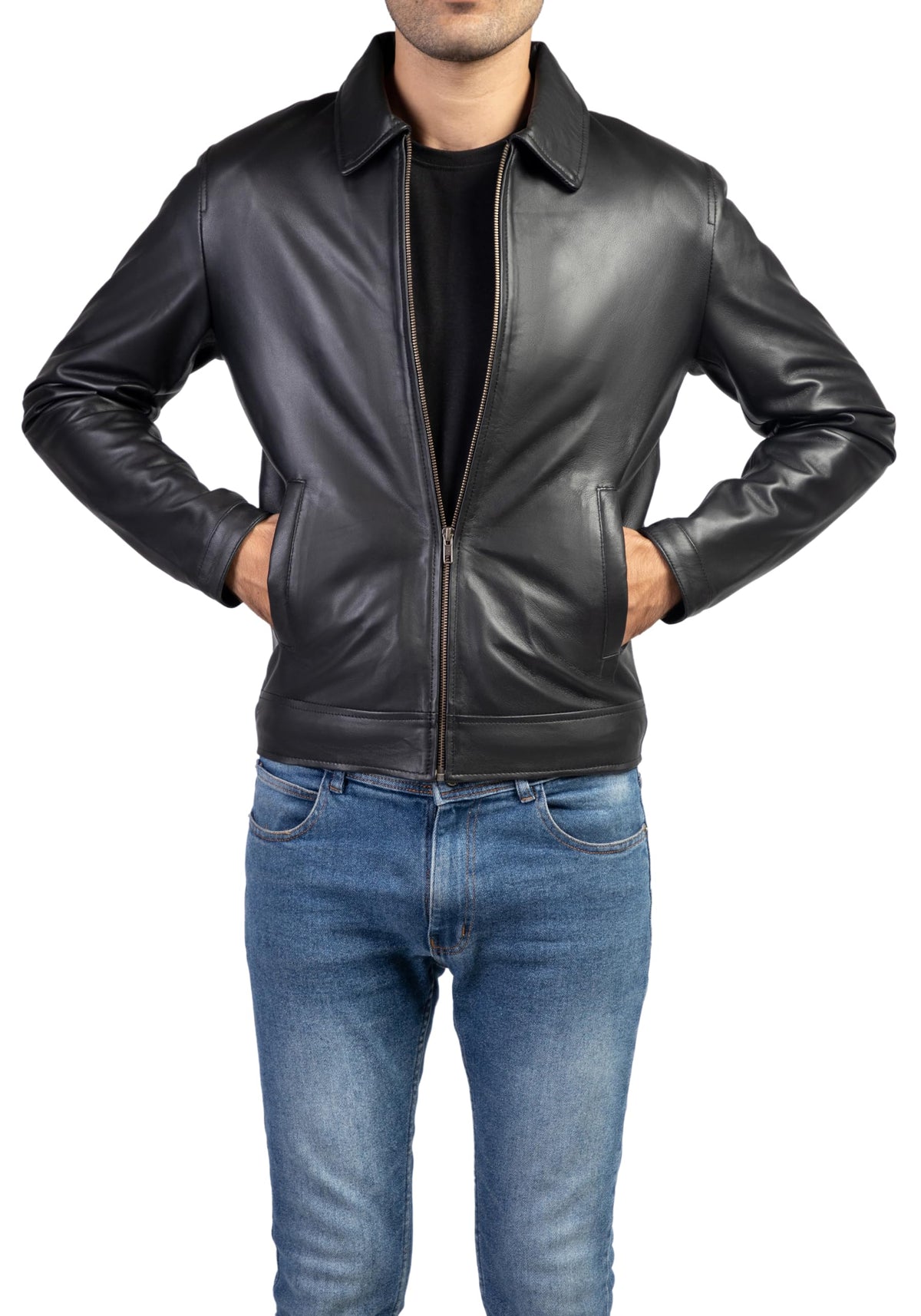 Jild Polo Collar Premium Leather Jacket Men - Old School Classic Style Everyday Wear Real Lambskin Mens Leather Jacket (Polo-Blk-3XL)