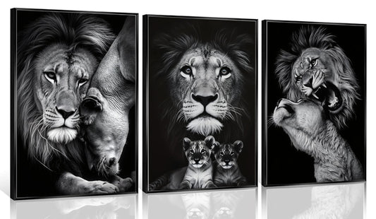 3pcs Black and White Lion Family Triptych Wall Art Canvas Paintings Animal Posters Prints Pictures Wall Decor for Bedroom Living Room Office Decoration Unframed