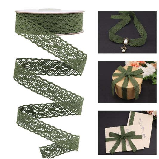 Natural Cotton Craft Ribbon 1" Vintage Cotton Crochet Lace Trim Spool Wrapping Ribbon 10 Yards (Green)
