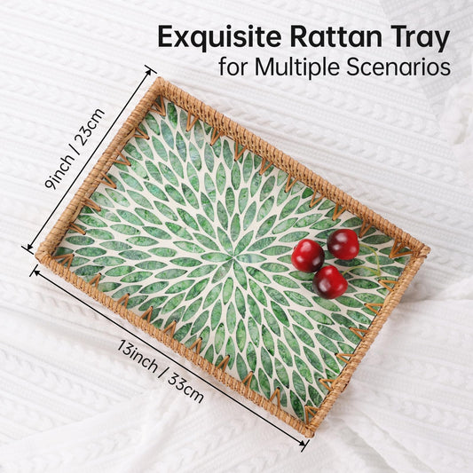 Tynulox Rectangle Rattan Tray with Mother of Pearl Inlay, Rattan Serving Tray with Handle for Coffee, Bread, Fruits, Snacks, Decorative Wicker Tray for Table Decor (Rectangle Green Leaf, 13"×9")