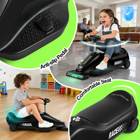 JOYLDIAS Kids Ride On Car with Vacuuming Function, 12V7AH Go Kart W/Detachable Cleaning Head Dust Box, 2 Speed 3-5km/h, Bluetooth Music, Electric Ride On Toy Car for Kids Toddlers Ages 3+,Black