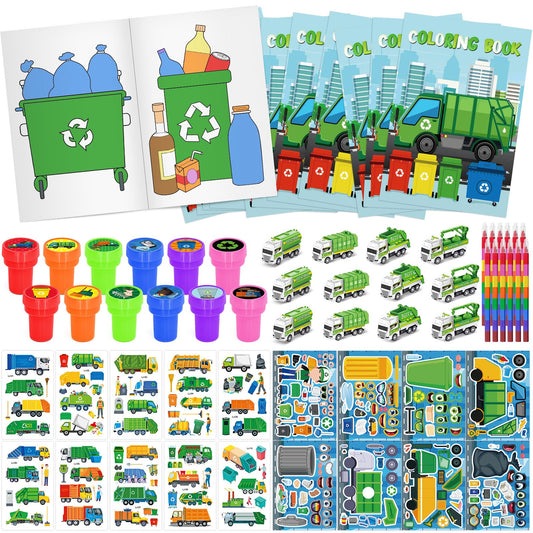Cinrobiye 72 PCS Garbage Truck Coloring Books Party Favor Set Garbage Party Goodie Bag Fillers Truck Birthday Party Supplies DIY Scene Stickers Temporary Tattoos Prizes Art Crafts for Home School