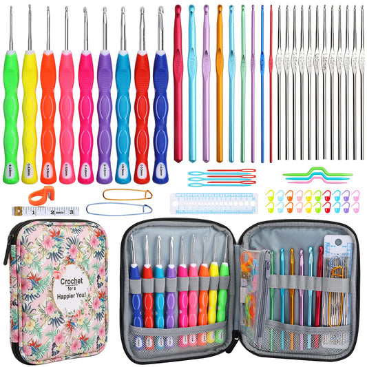 LOOEN Crochet Hooks Set-Yarn Needles Coloured Aluminum with Storage Case Rubbery Handle Ergonomic Comfort Grip DIY Craft Handmake Kit 64pcs
