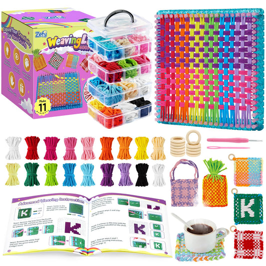 Zefy 400 Pcs Weaving Loom Kit Toys, 17 Colors Loom Loops with 11 PCs Wooden Rings, Rainbow Loops Making Potholder Loom Knitting Crafts Easter Gifts for Kids Girls Adults