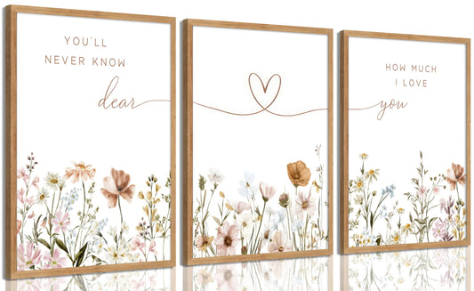 3Pcs Framed Boho Nursery Wall Art Flower Botanical Sentence Painting Picture Wall Decor Wildflower Children's Room Poster Print Artwork for Nursery Baby Room Living Room Bedroom Home Decoration