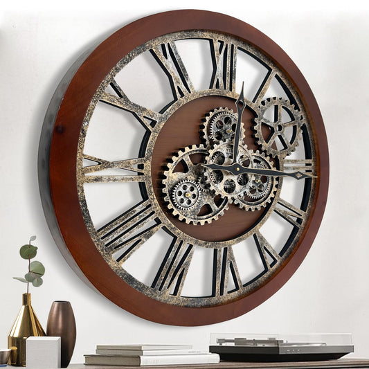 The B-Style Large Wall Clock 24 inch Moving Gear Wall Clock Oversized Vintage Farmhouse Wall Clocks for Living Room Decor Rustic Industrial Wood Clock (Black walunt Wood and Bronze)