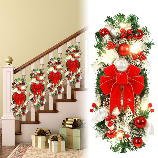 Giegxin 4 Pcs 19.7 Inches Light up Christmas Stair Swags LED Prelit Teardrop Swag Norfolk Pine Garland Artificial Stairs Garland Pine Cone Props for Indoor Outdoor Hanging Decor