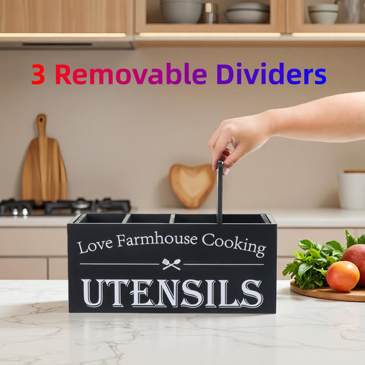 LIBODOUR Utensil Holder,Kitchen Utensil Holder For Kitchen Counter,Extra Large Cooking Spatula Organizer,Farmhouse Wooden Big Storage With 4 Compartments Rustic Flatware Spoon Tool Organizer （Black）