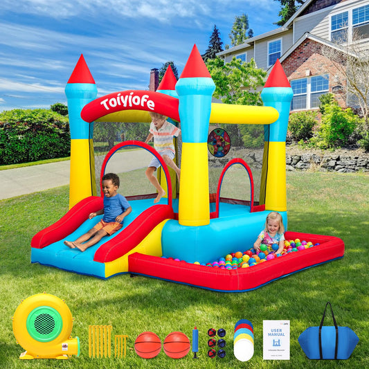 Bounce House for Kids 3-6, with Slide & Ball Pit & Hoop, 5-in-1 Small Indoor Outdoor Inflatable Bouncy Castle, Toddler Jump House for Backyard Family Home Birthday Party, Includes 370W Blower