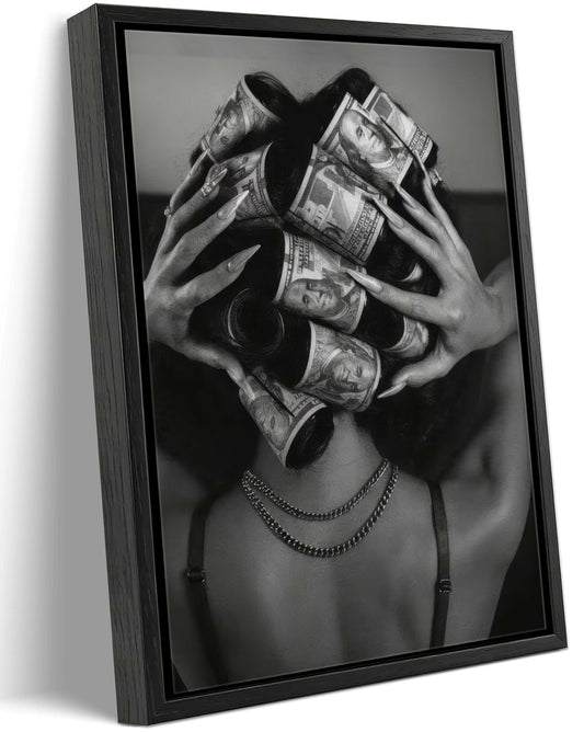 Framed Black and White Fashion Canvas Wall Art Luxury Feminist Picture Wall Decor Trendy Woman with Money on Head Poster Print for Girls Bedroom Apartment Dorm Bar Cart Home Decoration 12x16in