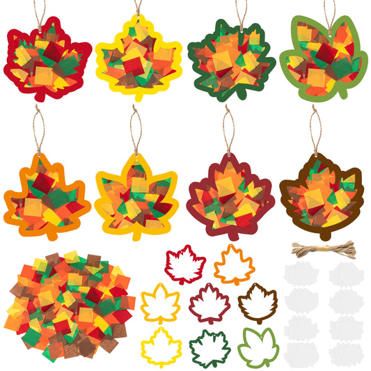 CJiangpo 24 Sets Fall Maple Leaves Suncatcher Paper Craft Kits, DIY Stained Glass Effect Window Ornament Rainbow Tissue Paper Art Craft Classroom Activities Supplies Thanksgiving Party Decor