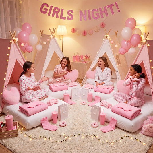 Fanfanwin 48 Pcs Sleepover Party Supplies Spa Birthday Slumber Pajamas Galentines Party Favors Coquette Throw Blanket Pillow Headband Scrunchies Eye Mask Cup Socks(Pink,Solid Color)