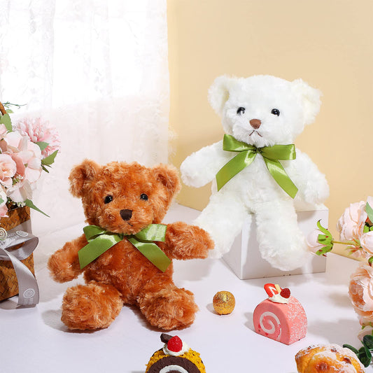 HyDren 24 Pcs Bear Bulk Plush Stuffed Animals 10 Inch Cute Soft Stuffed Bear with Green Bow for Kids Mother Birthday Gift Holiday Party Baby Shower Valentine Christmas(Light Brown, White)