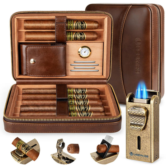 USEWIRE Cigar Humidor, Cedar Wood Leather Cigar Box Set with Cigar Lighter, Cigar Humidifier and Cedar Tray, Portable Travel Cigar Case for 7 Cigars, Men's Cigar Accessory Gift (No Butane)