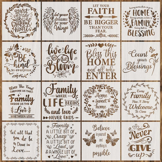 16 Pieces Inspirational Word Stencils Kit Large Motivational Stencil Reusable Phrase Word Template Family Sign Stencils for Painting on Wood, Porch, Front Door, Home Decor(11.8x11.8Inch)