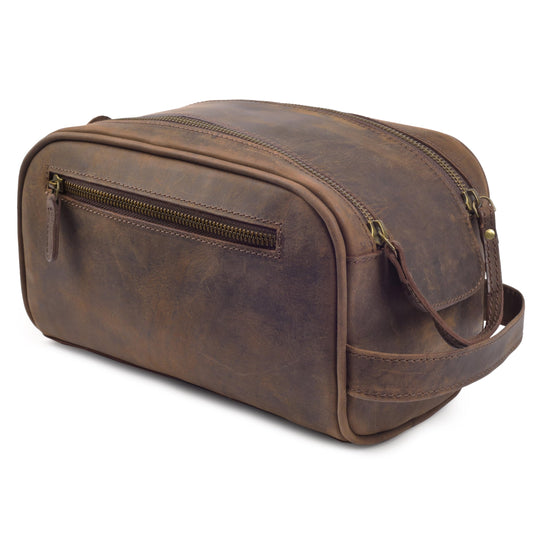 mds Genuine Leather Toiletry Bag for Men - Rustic Classic Vintage Handcrafted Full-Grain Leather Travel Dopp Kit with Waterproof Lining & Handle, Shaving & Grooming Kit Organizer Pouch - Rustic Brown