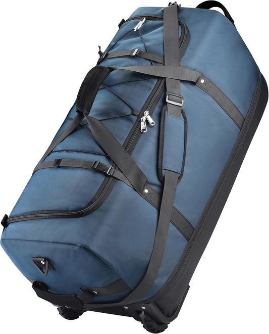 XWFB Rolling Duffle Bag with Wheels,110L/140L Expandable Soft-Sided Foldable Duffle Bag with 2 Rubber Wheels,Packable 32” Rolling Carry-On with Multi-Pockets & Compartments (Dark blue)