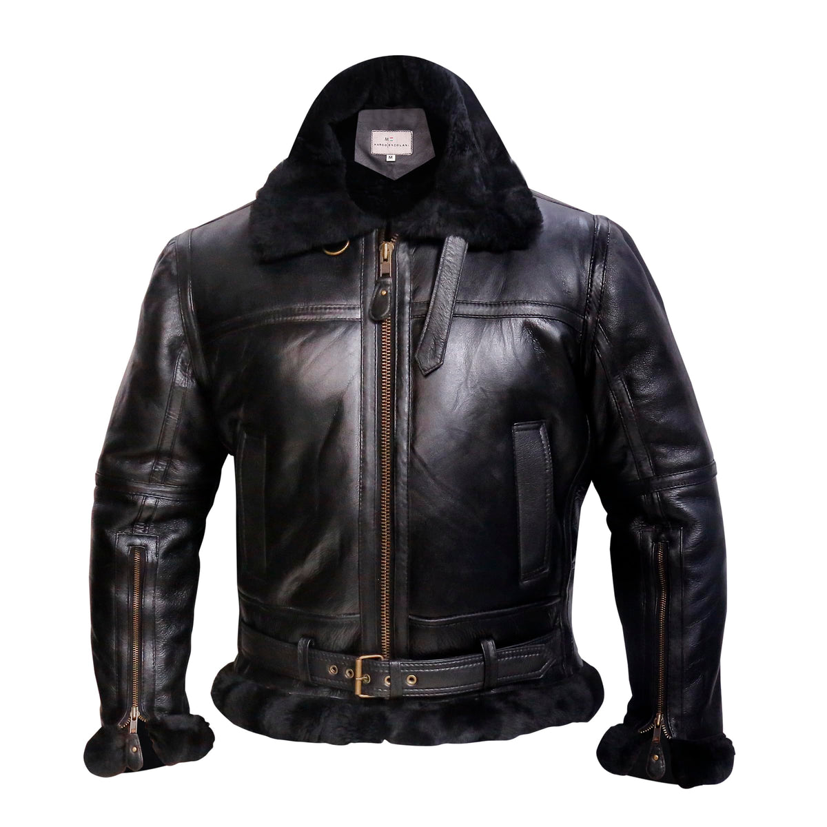 MARCO ENZOLANI RAF Bomber Bomber Jacket Aviator Real Shearling Sheepskin Leather Jacket (Ginger Black- 2XL)