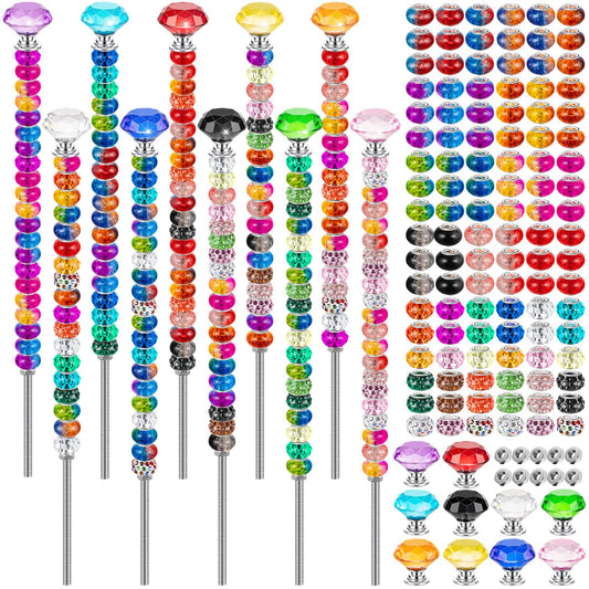 230 Pcs Beaded Garden Stakes, DIY Fairy Wand Garden Stake Beads Kits with 200 Colorful Assortment Round Large Hole Beads with 10 Crystal Stopper Top, 10 Threaded Rod and 10 Nuts for Outdoor Decoration