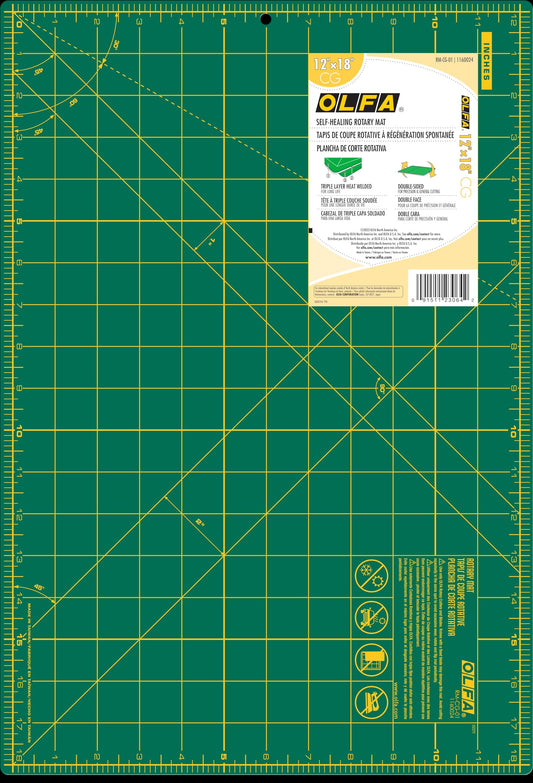 OLFA 12" x 18" Self Healing Rotary Cutting Mat (RM-CG) - Double Sided 12x18 Inch Cutting Mat with Grid for Quilting, Sewing, Fabric, & Crafts, Designed for Use with Rotary Cutters (Green)