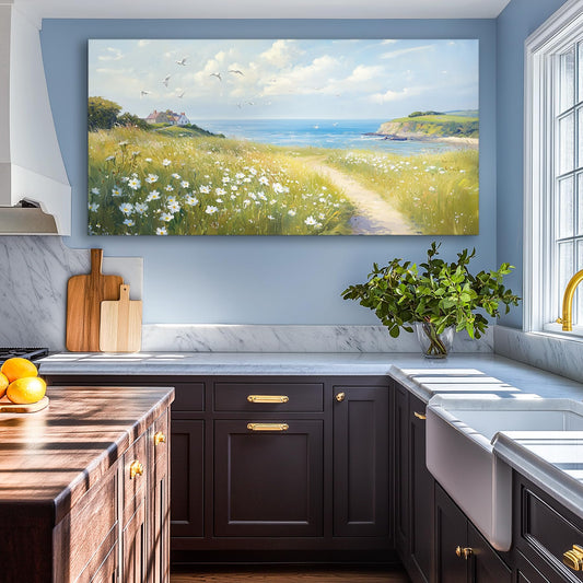 SERIMINO Seaside Nature Large Wall Art, Coastal Landscape Big Canvas Prints, Meadow Wildflowers Pictures Wall Decor, Sunny Scenery Home Decorations for Living Room Bedroom Farmhouse Cottage 29"X57"