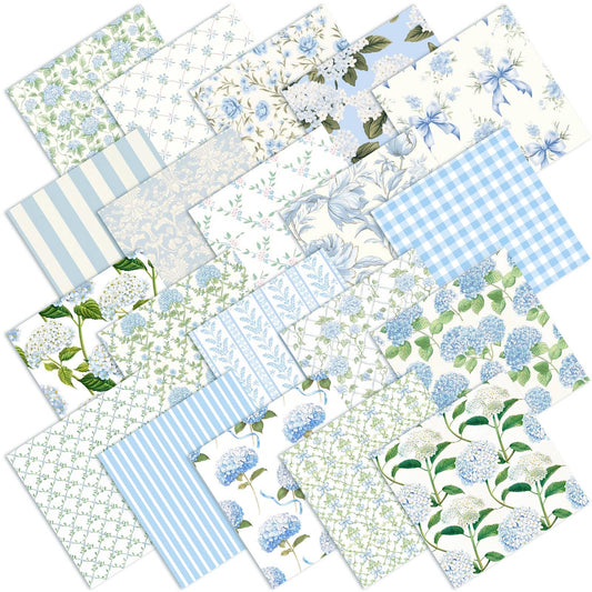 HunnmingRe 20 Pcs 10''x10'' Hydrangea Quilting Fabric Square Bundle Watercolor Dusty Blue Floral Precuts Quiltted Fabric Printed Patchwork Material Supplies for Holiday Patchwork DIY Sewing Crafts