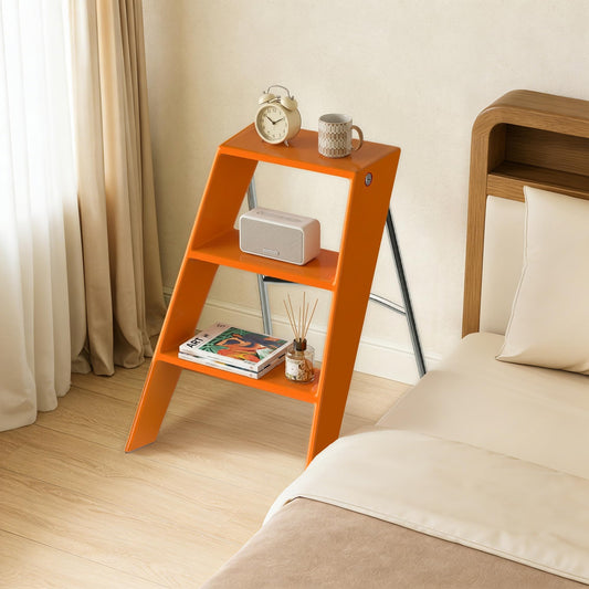HOTEAGLE Ladder Shelf, Multifunctional 3-Tier Bookshelf, Stylish Bedroom Shelves Double as Bedside Table, Side Table for Home Living Room, Kitchen and Bedroom,Orange