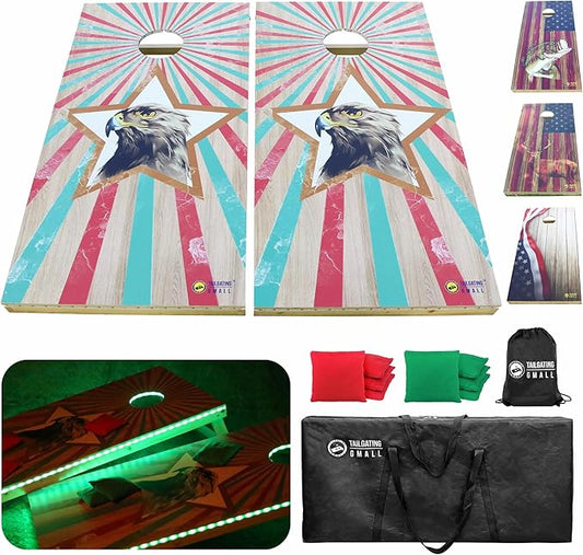 LED Cornhole Board Set 4FTx2FT Solid Wood Regulation Size Cornhole Set with LED Lights Includes 8 Cornhole Bags for Adults (Eagle, 4'x2')