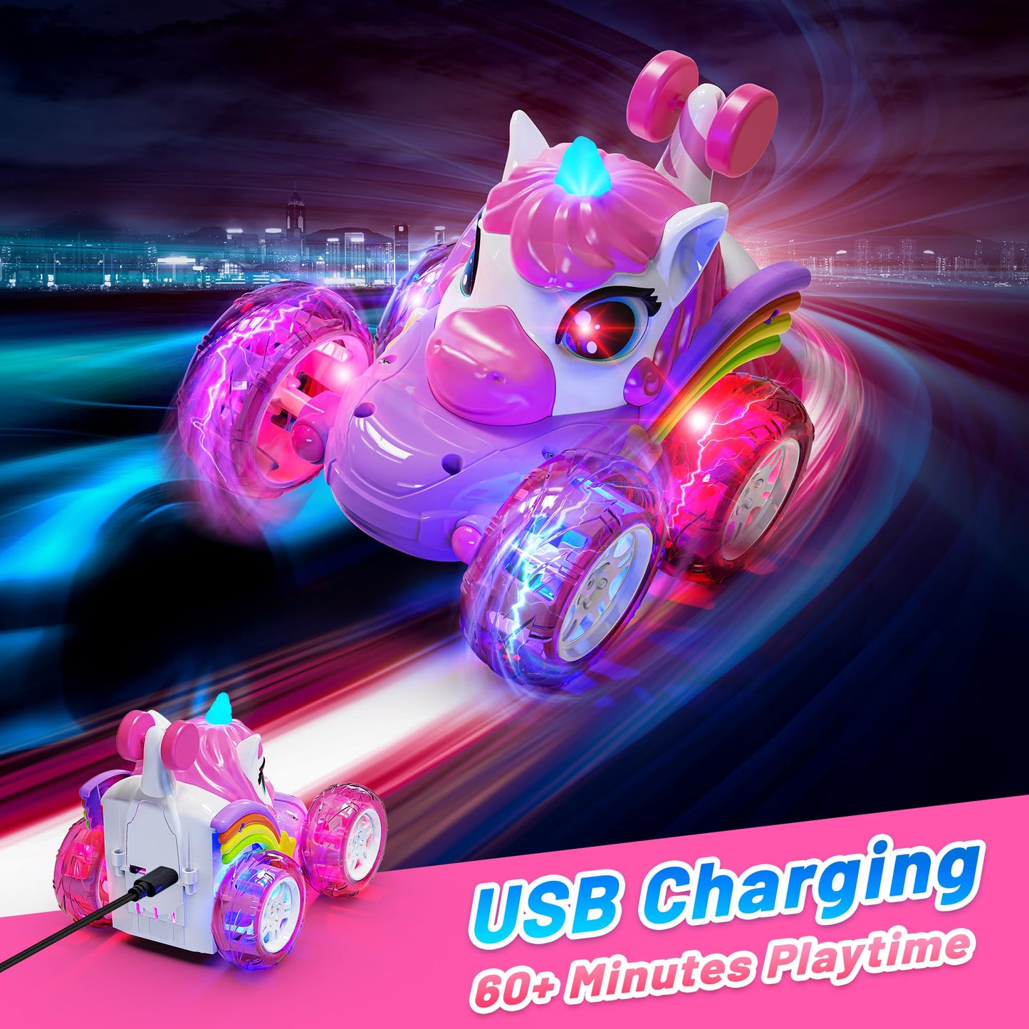 Carsky Unicorn Remote Control Car for Girls,Rechargeable 360°Stunt RC Cars Rotation 4WD Remote Cars with LED Lights,Fun Indoor Outdoor Toys for Kids,Chritmas Birthday Gift for 3 4 5 6 Year Old Girl
