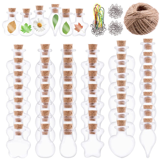 Keadic 119 Pcs 6 Shapes Mini Tiny Clear Glass Jars Bottles Set Includes Wish Bottles Glass Favors Jars with Cork Stoppers, Eye Screws, 32 Yards Twine for Arts Crafting, Projects, Decor, Party Favors