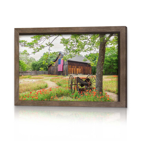 Vintage American Barn Wall Art - Rustic Farmhouse Painting Blooming Flower Picture Countryside Landscape Framed Artwork Decor for Living Room Office Cabin