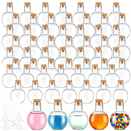 Bokon 36 Pack Mini Plastic Bottles with Corks Funnels Plastic Potion Bottles Tiny Clear Sand Art Jar Wishing Vial Witch Potion Jars for Decorations Birthday Party DIY Crafts Gift(Spherical)