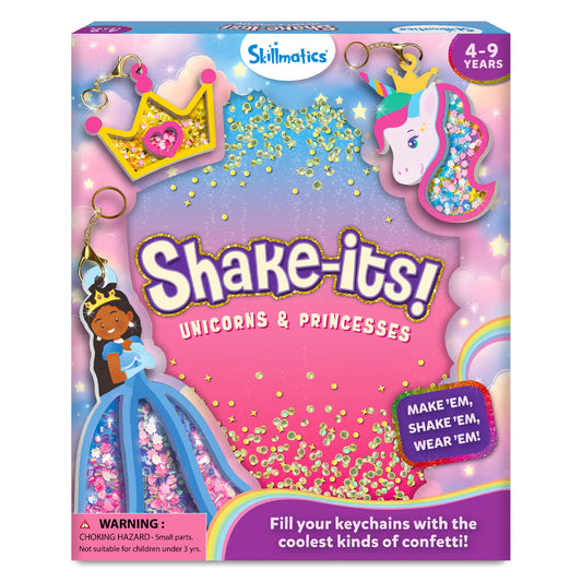 Skillmatics Shake-its – Glitter Craft Kit for Kids, DIY Arts & Crafts with Keychains, Mess-Free Activity, Unicorns & Princesses, Travel Toy, Birthday Gift for Girls & Boys Ages 4, 5, 6, 7, 8, 9