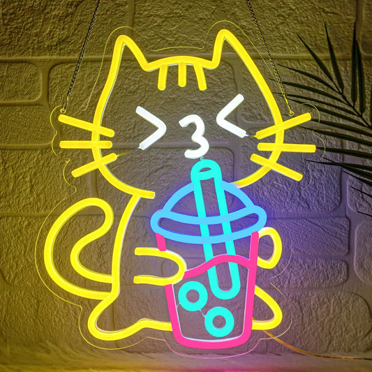 Sneignon Cat Boba Tea Neon Sign Yellow Cat Led Neon Signs for Wall Decor USB Bubble Tea Neon Light Cute Animal Neon Light Sign for Bedroom Dessert Bar Coffee Shop Kitchen Restaurant Party