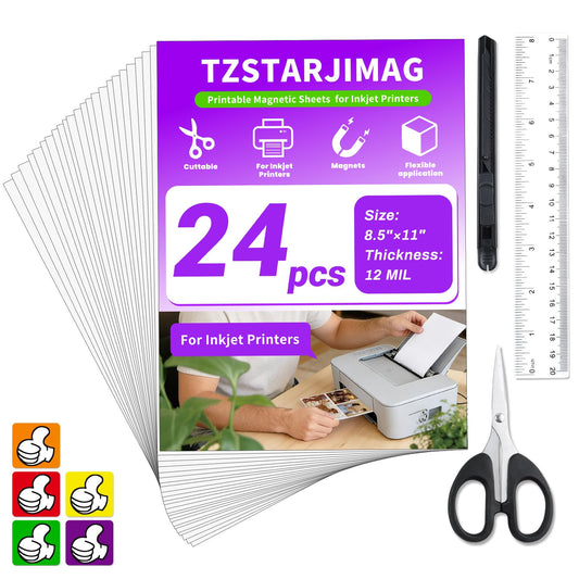 Printable Magnetic Sheets for Inkjet Printer,8.5" x 11"(Pack of 24),12 mil Thick Cuttable Flexible Non-Adhesive Backing Magnetic Printer Paper for DIY Crafts,Photos and Stickers