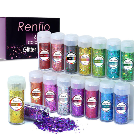 Renfio Holographic Chunky Glitter, 16 Colors Resin Glitter Set Each 10g/0.35oz PET Chunky Flakes Sequins Mix Fine Powder for Crafts, Resin Accessories, Snow Globe Tumbler Supplies, Nails