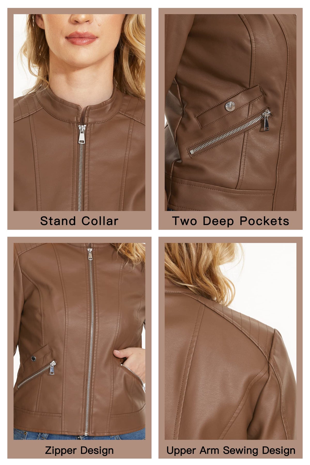 Fahsyee Women's Faux Leather Jackets, Camel Crop Petite Zip Up Motorcycle Short PU Moto Biker Outwear Stand Collar Fitted Slim Coat, Size S