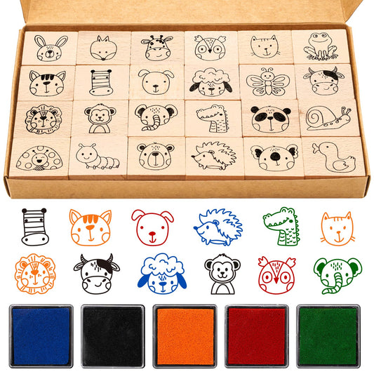 Whaline 29 Pcs Cartoon Animal Wooden Rubber Stamps with Ink Pads Cute Cartoon Pattern DIY Craft Stamps for Party Decor Scrapbooking Cards Making